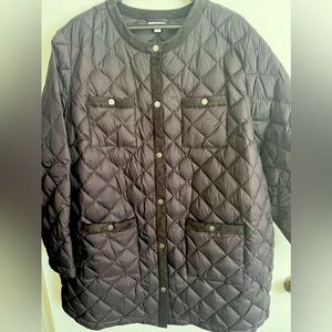 Quilted snap front 33”  long parka coat with corduroy edges